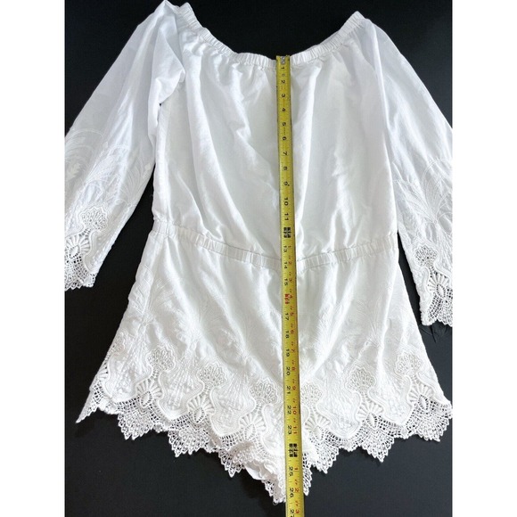 TJD Romper White Crochet Off Shoulder Jumpsuit - Picture 3 of 9
